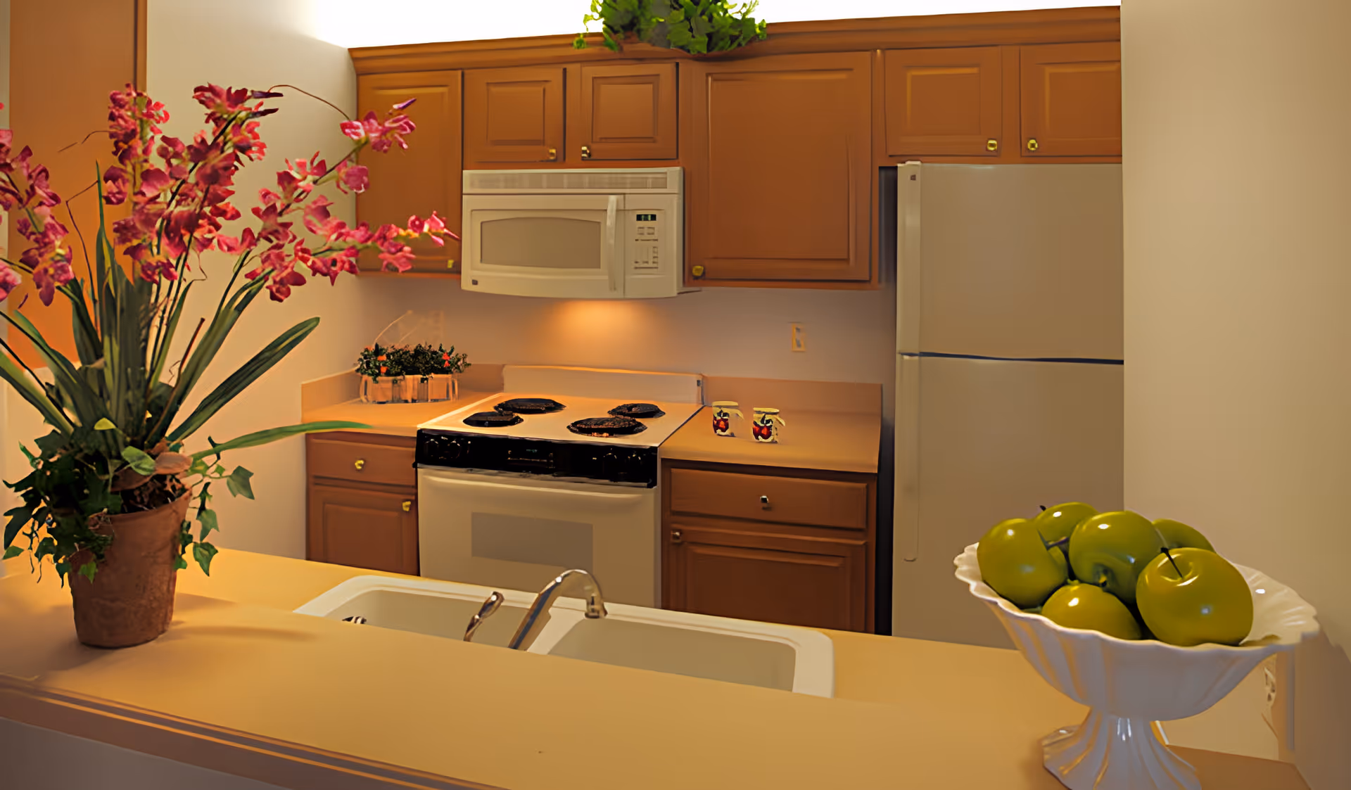 A kitchen area with wooden cabinets, a white microwave above a white stove with four burners, a white refrigerator, and a double sink in the foreground. There is a potted plant with pink flowers on the counter to the left and a white bowl filled with green apples on the counter to the right.