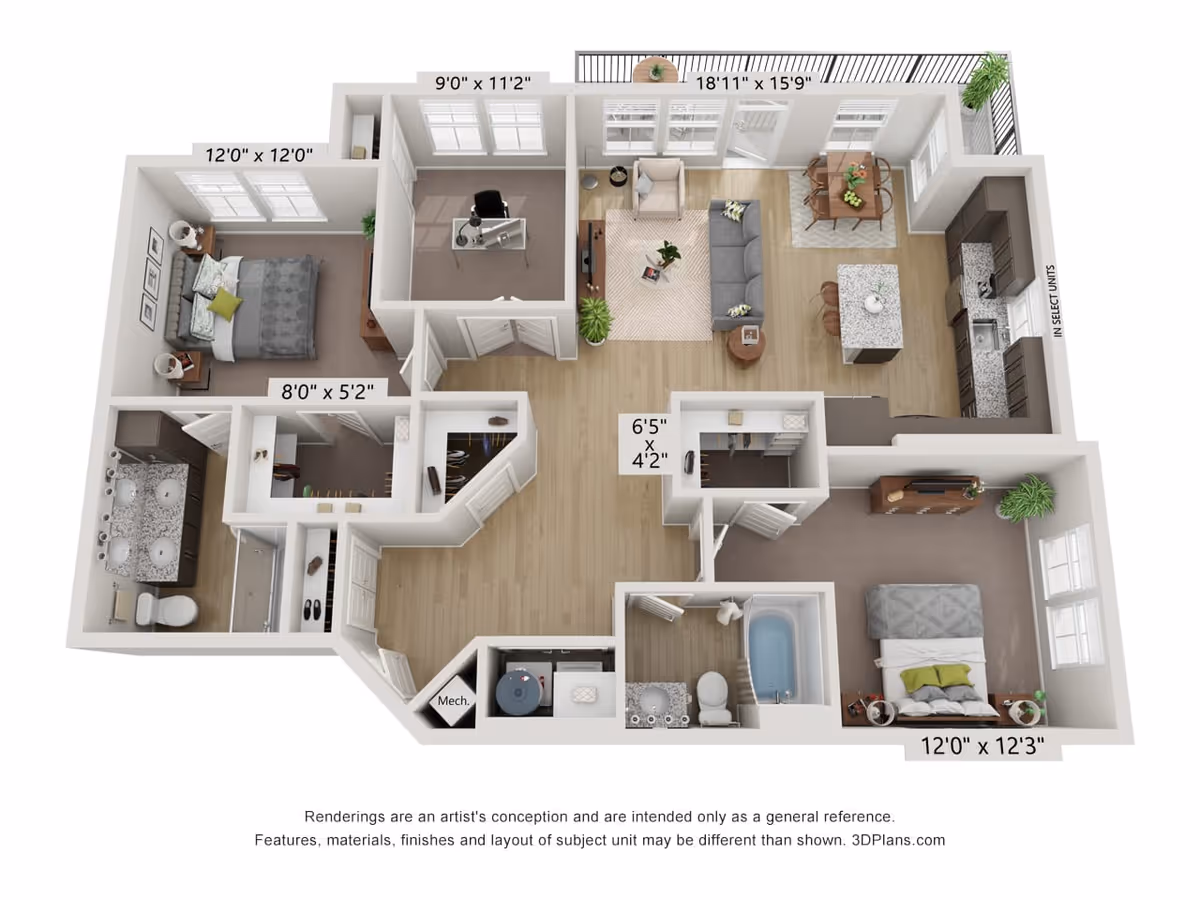 3D floor plan of an apartment unit showing two bedrooms, two bathrooms, a living room, a kitchen with an island, a dining area, an office space, closets, and a balcony. The layout includes dimensions for each room and features furniture placement.