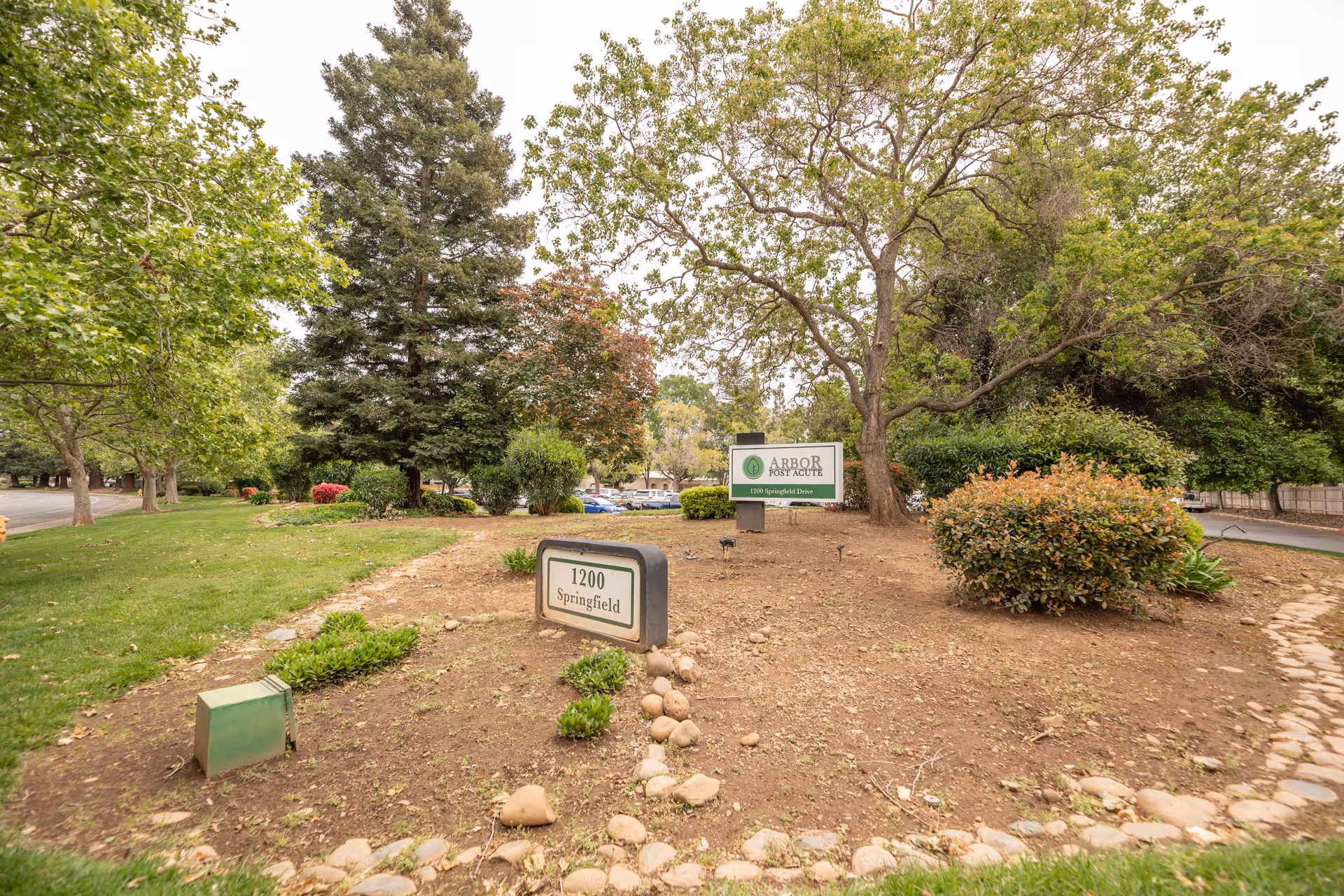 Outdoor landscaped area with trees, bushes, and a sign that reads 'Arbor Post Acute 1200 Springfield Drive' along with another smaller sign displaying '1200 Springfield'. There is a pathway lined with stones on the right side and a parking area visible in the background.