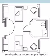 Architectural floor plan layout of a semi-private room with two beds, two chairs, two nightstands, and an attached bathroom with a toilet and sink.