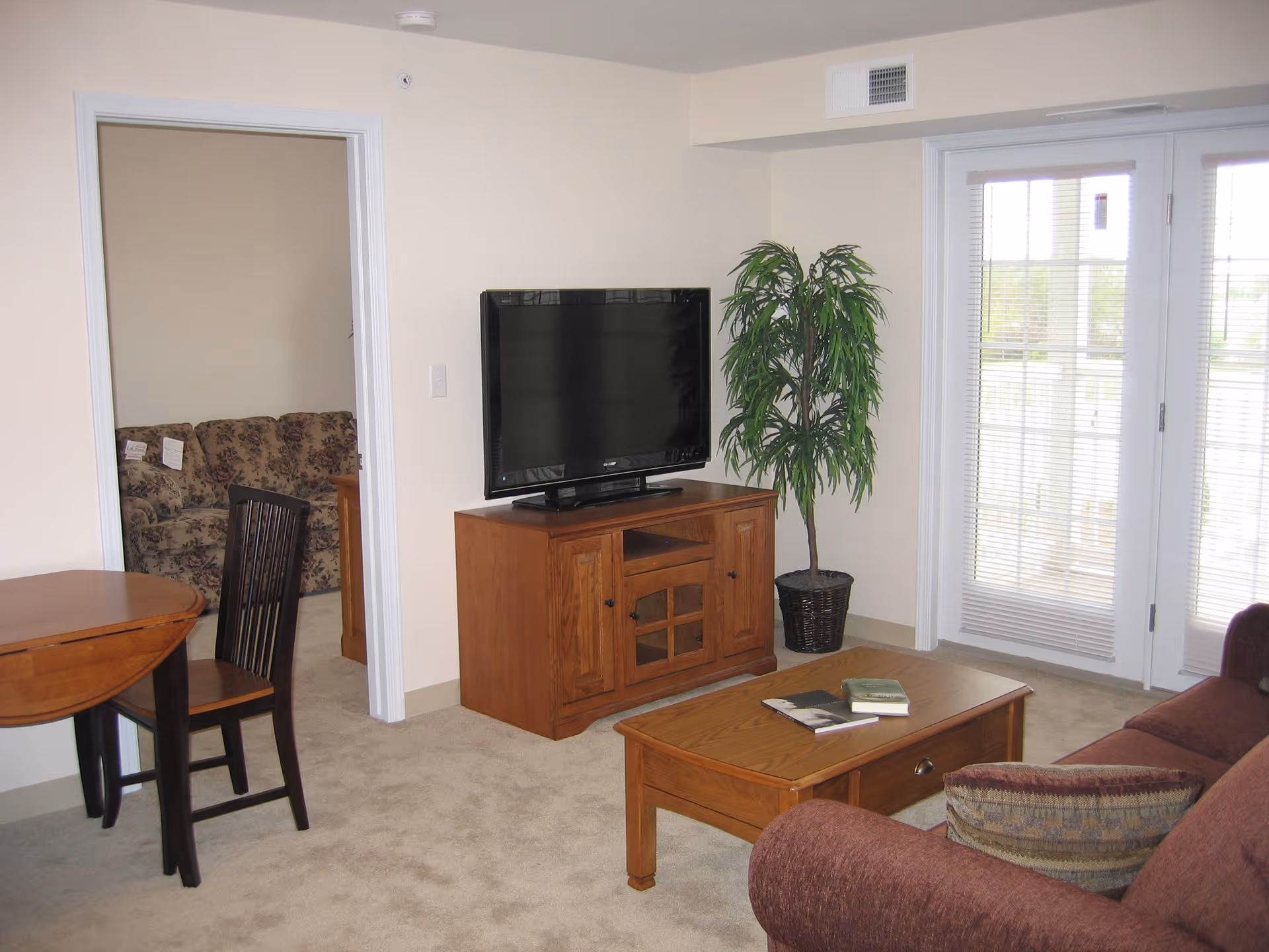 Bright living room with a sofa, coffee table, flat-screen TV on a wooden stand, dining chair, and glass patio doors.