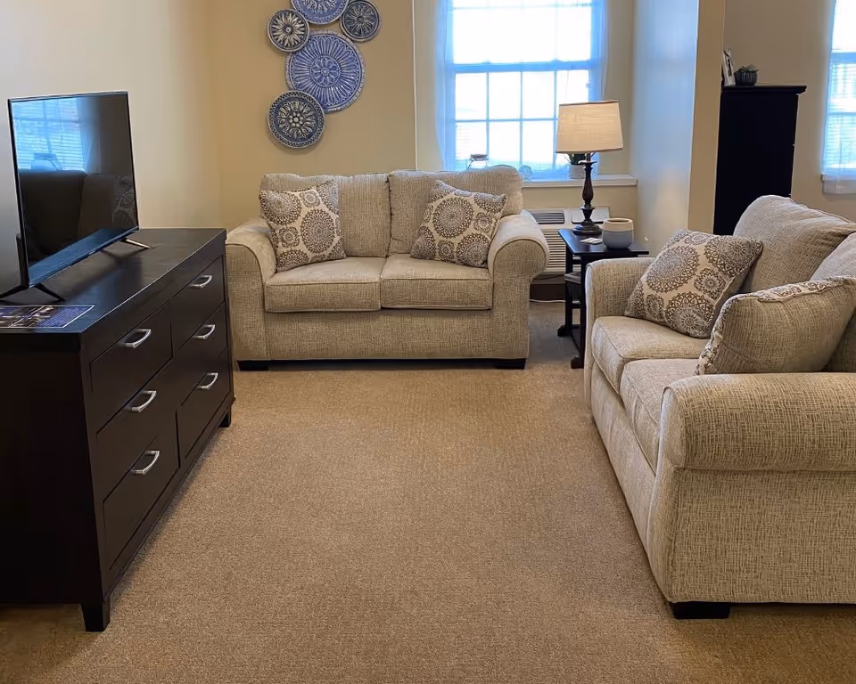 A cozy living room with two beige upholstered sofas adorned with patterned throw pillows. A dark wooden dresser with a flat-screen TV on top is positioned on the left side. A small side table with a lamp and decorative items is placed between the sofas near a window with white blinds. Decorative blue and white plates are mounted on the wall above one sofa.