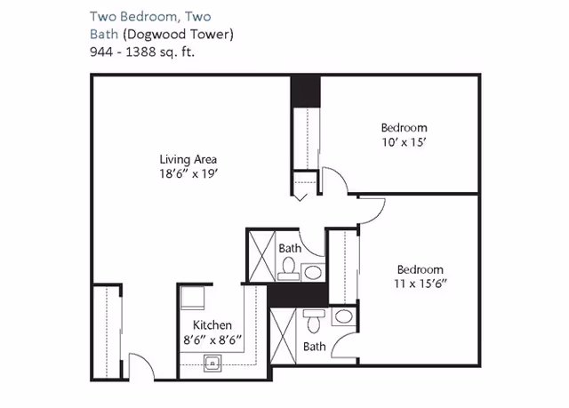 Floor plan of a two-bedroom, two-bath apartment in Dogwood Tower at Legacy at Imperial Village, showing a living area measuring 18 feet 6 inches by 19 feet, a kitchen measuring 8 feet 6 inches by 8 feet 6 inches, one bedroom measuring 10 feet by 15 feet, another bedroom measuring 11 feet by 15 feet 6 inches, and two bathrooms.