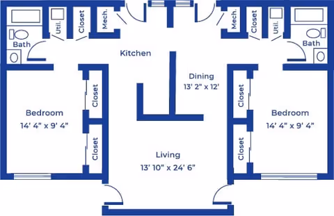 Architectural floor plan of a residential unit at Farmington Presbyterian Manor showing two bedrooms, two bathrooms, a kitchen, dining area, living room, closets, and utility/mechanical rooms.