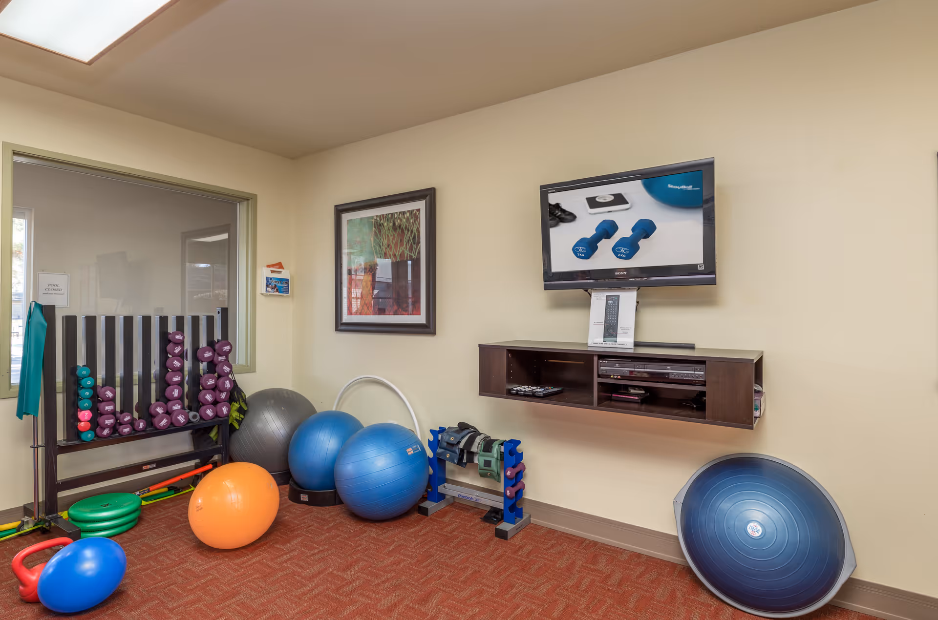 A small exercise room with various fitness equipment including colorful dumbbells on racks, exercise balls, a kettlebell, resistance bands, and a balance trainer. A flat-screen TV is mounted on the wall displaying an image of blue dumbbells. The room has beige walls, a framed picture, and a window looking into another room.
