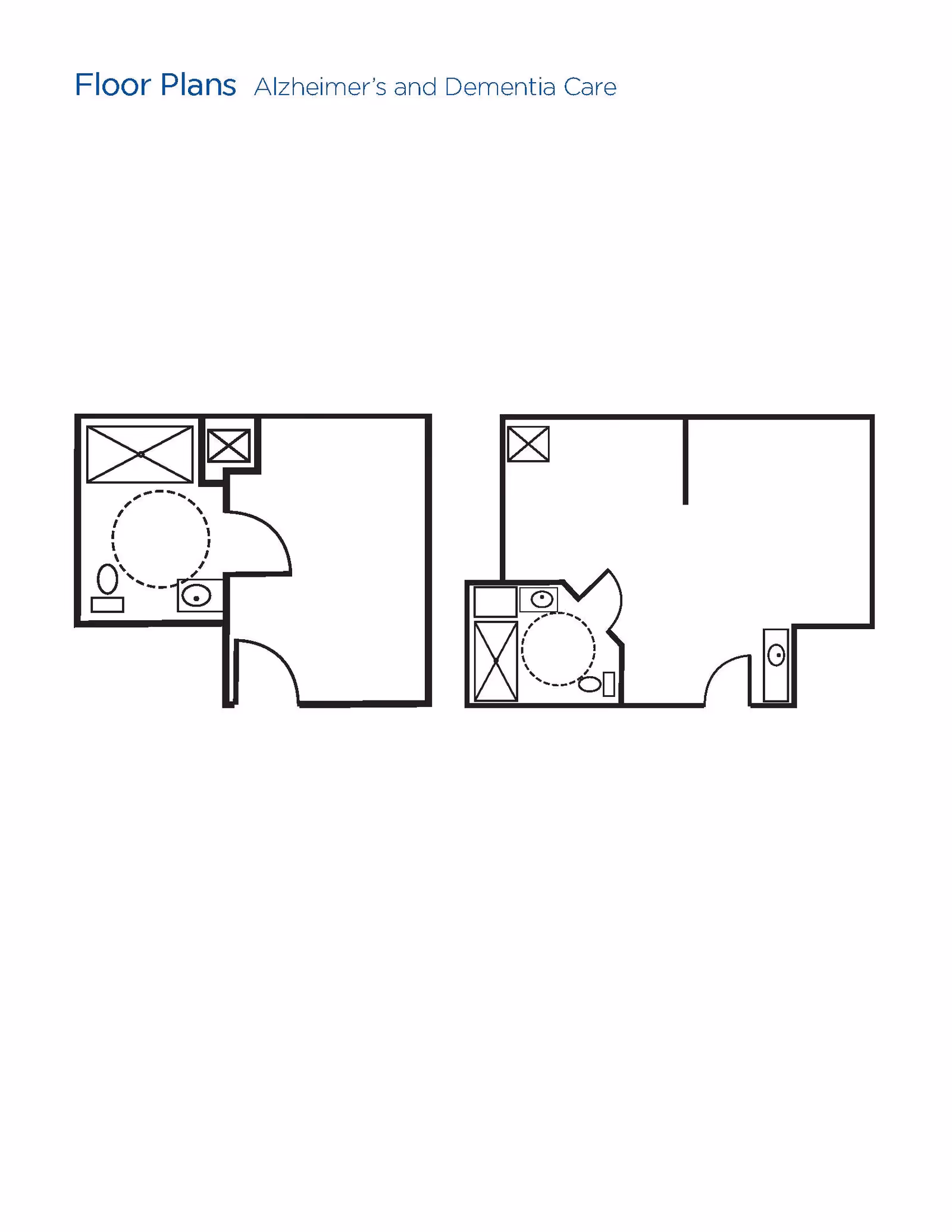 Architectural floor plans for Alzheimer's and Dementia Care showing two different unit layouts with bathroom and living spaces.