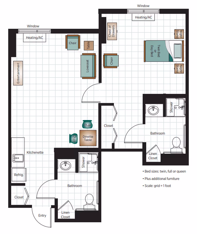 Floor plan of a senior living apartment at Belmont Village Senior Living Lakeway showing an entry, kitchenette with refrigerator, two bathrooms with showers, a living area with loveseat, chairs, table, and entertainment unit, a dinette table with chairs, a bedroom with a twin bed, nightstands, chest of drawers, and closet spaces.