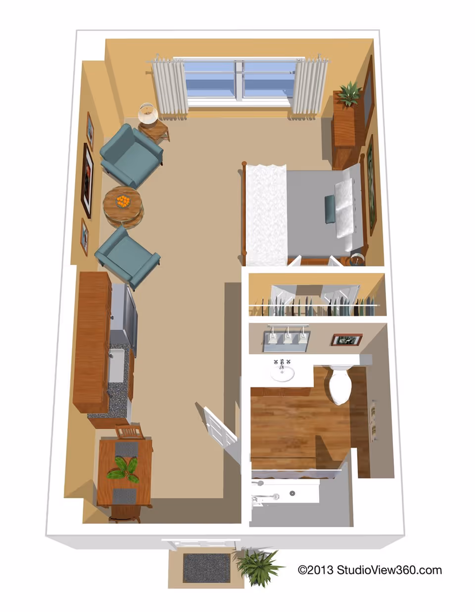 3D floor plan of a senior living facility studio apartment showing a bedroom area with a bed, two armchairs and a round table near a window, a kitchen area with cabinets, a refrigerator, and a dining table with two chairs, and a bathroom with a sink, toilet, and shower.