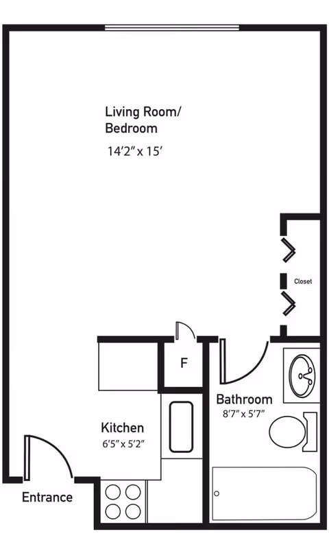 Floor plan layout of a living space at Brookstone Estates of Rantoul showing an entrance leading to a kitchen area measuring 6 feet 5 inches by 5 feet 2 inches, a combined living room and bedroom area measuring 14 feet 2 inches by 15 feet, a bathroom measuring 8 feet 7 inches by 5 feet 7 inches with a bathtub, toilet, and sink, and a closet near the bathroom.