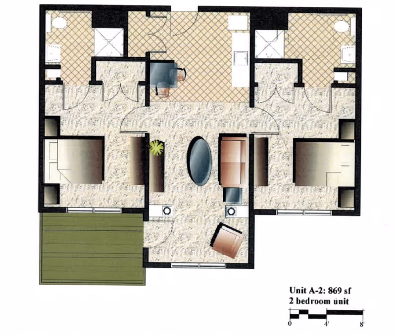 Floor plan of a two-bedroom unit labeled Unit A-2 with 869 square feet. The layout includes two bedrooms, two bathrooms, a kitchen area with a dining table, and a living room with seating. There is also a green outdoor patio area attached to one bedroom. The plan shows doors, windows, and furniture placement.