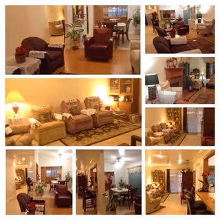 Collage of interior images showing a cozy living and dining area with armchairs, sofas, tables, lamps, plants, and a fireplace in a senior living facility.