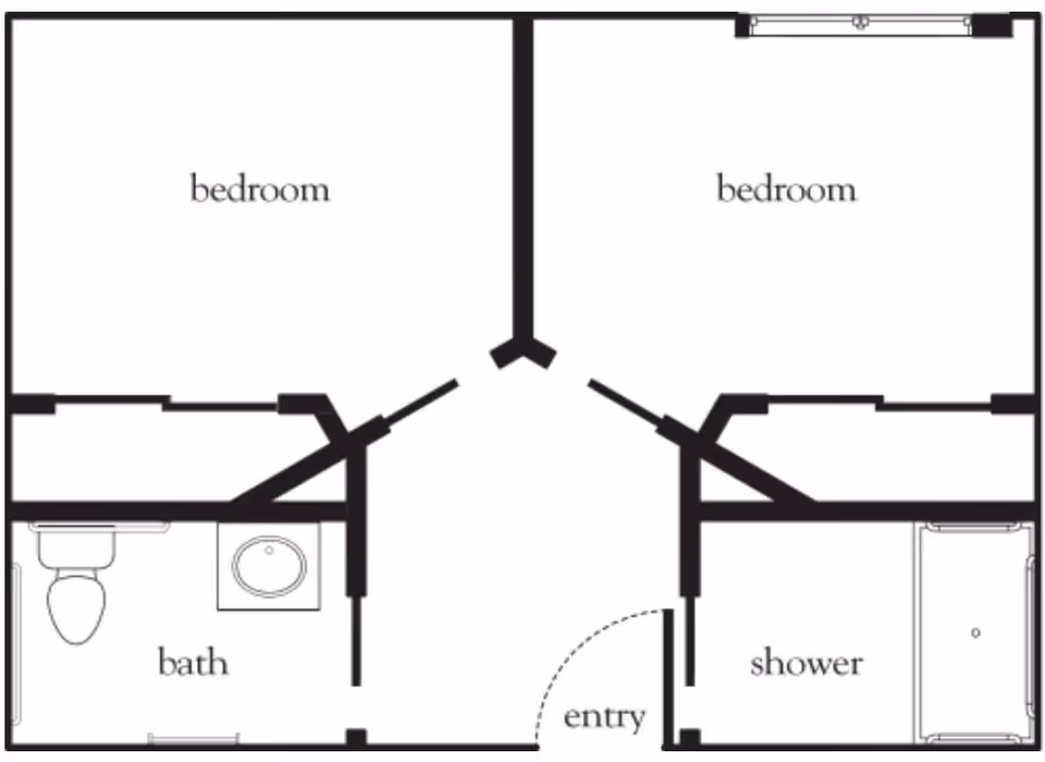 Floor plan showing two bedrooms, a bath with a toilet and sink, a shower room, and an entry area.