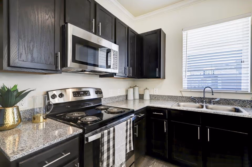 Modern kitchen with dark wood cabinets, granite countertops, a stainless steel microwave and stove, a double sink under a window with blinds, and decorative items including a plant and canisters.