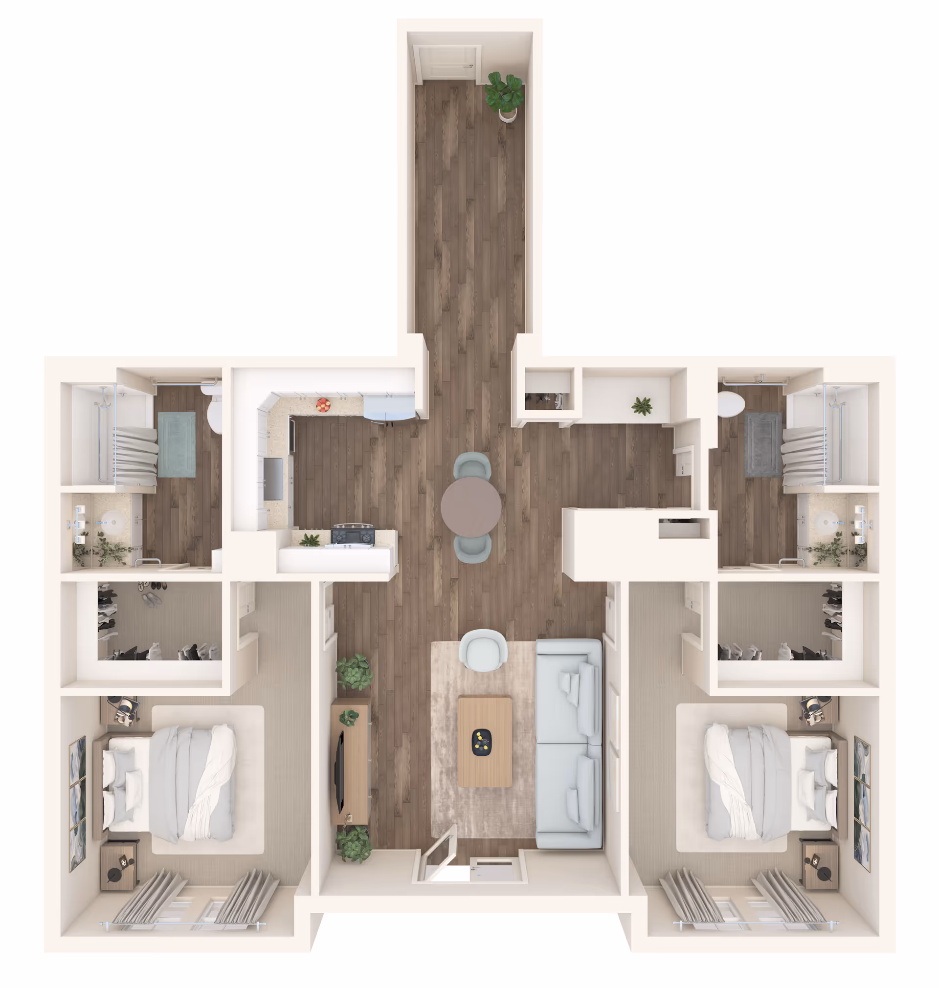 Top-down view of a two-bedroom apartment floor plan featuring two bedrooms with beds and nightstands, two bathrooms with showers, a kitchen with appliances and countertops, a dining area with a round table and chairs, and a living room with a sofa, armchair, coffee table, and TV stand. The layout includes closets adjacent to each bedroom and wood flooring in common areas.