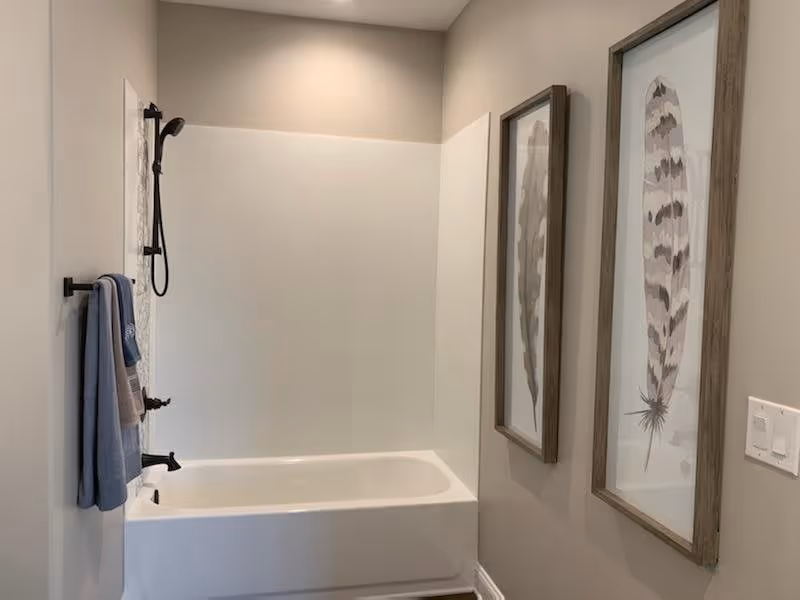 A bathroom with a white bathtub and a black showerhead and faucet. Two framed feather artworks hang on the wall to the right. A towel rack with blue and beige towels is mounted on the left wall. The walls are painted in a light neutral color.