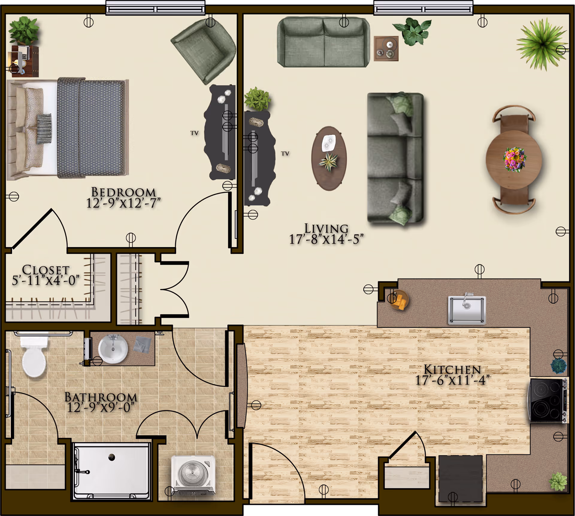 Floor plan of a senior living unit at Harmony At Bellevue showing a bedroom with a bed and closet, a bathroom with a toilet, sink, and shower, a living room with two sofas, an armchair, coffee table, TV, and plants, and a kitchen with appliances, sink, and a small dining table with two chairs.