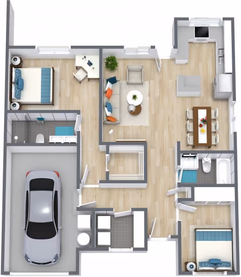 3D floor plan of a residential unit showing two bedrooms, two bathrooms, a living room with sofa and chairs, a dining area with table and chairs, a kitchen with appliances, and an attached garage with a car parked inside.