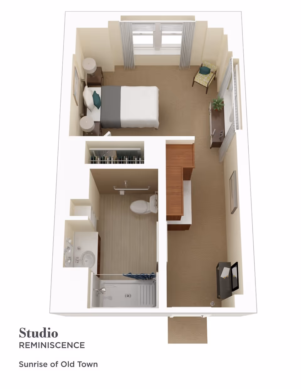 3D floor plan of a studio apartment at Sunrise of Old Town showing a combined living and sleeping area with a bed, two nightstands with lamps, a chair, a TV on a stand, and a dresser. The apartment also includes a bathroom with a shower, toilet, and sink, and a closet space.