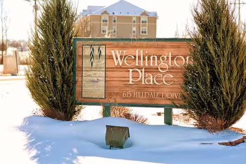 Snow-covered Wellington Place sign in front of a brick building.