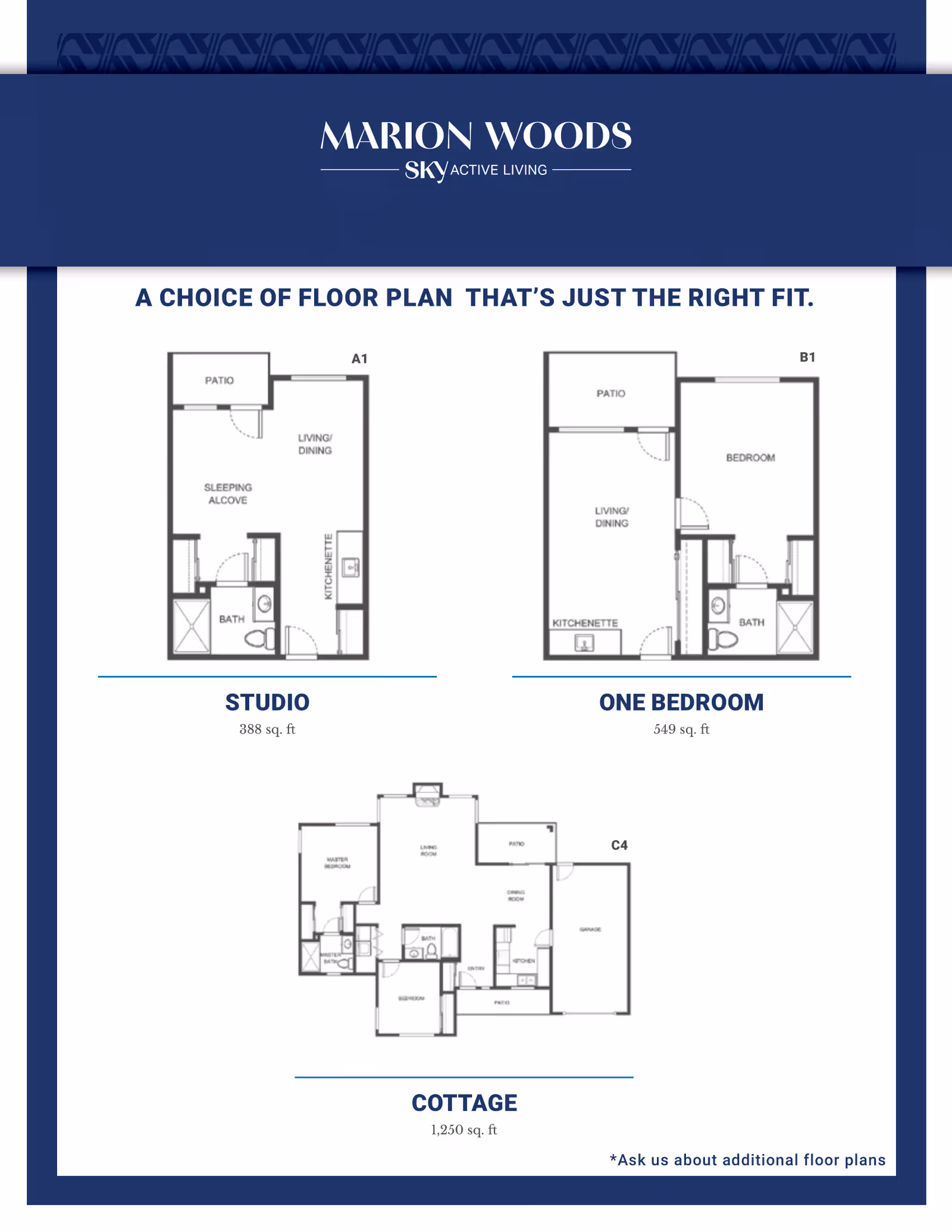 Floor plans for Marion Woods by Sky Active Living showing three options: Studio (388 sq. ft) with sleeping alcove, living/dining area, kitchenette, bath, and patio; One Bedroom (549 sq. ft) with bedroom, living/dining area, kitchenette, bath, and patio; Cottage (1,250 sq. ft) with master bedroom and bath, second bedroom, bath, living room, dining room, kitchen, garage, and patios.