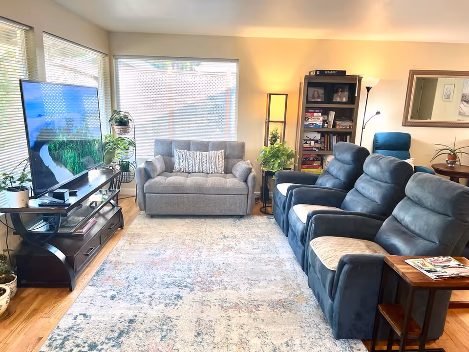 Bright living room with a gray loveseat by large windows, a TV on a stand, three blue recliners, bookshelf, and several plants.