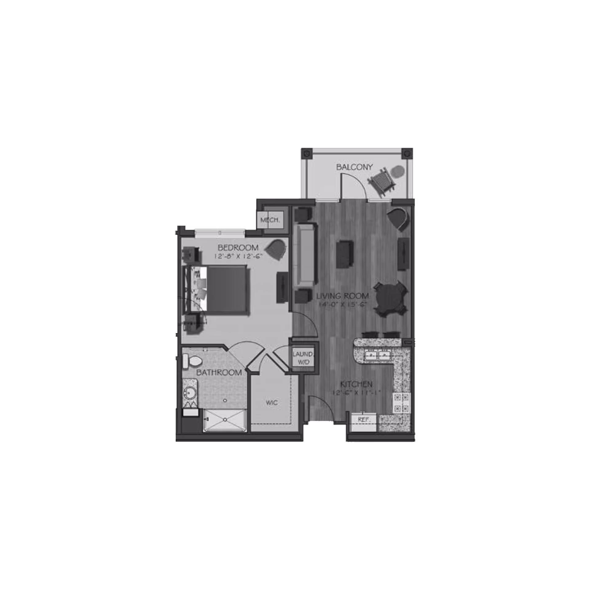 One-bedroom apartment floor plan showing a bedroom, bathroom, kitchen, living room and balcony.