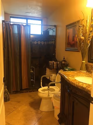 A bathroom with a shower area enclosed by a curtain, a toilet with a support rail, a granite countertop with a sink, decorative items including a vase with dried plants, and a framed picture on the wall.
