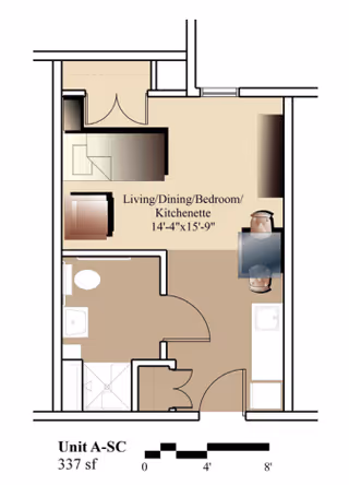 Architectural floor plan of a 337 square foot unit labeled Unit A-SC, showing a combined living, dining, bedroom, and kitchenette area measuring 14 feet 4 inches by 15 feet 9 inches. The layout includes a bathroom with a toilet, sink, and shower, as well as entry doors and furniture placement.