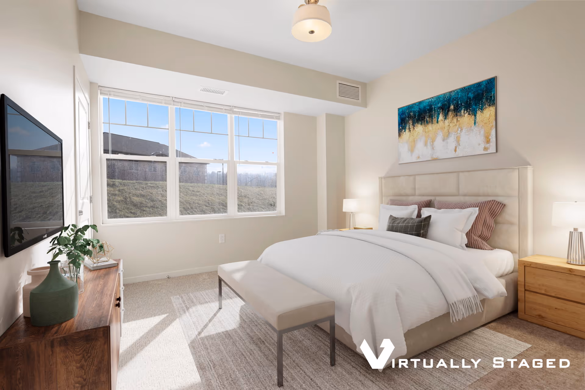 A bright bedroom with a large window letting in natural light. The room features a bed with white bedding and multiple pillows, a padded headboard, a bench at the foot of the bed, two wooden nightstands with lamps, a wooden dresser with decorative items, and a wall-mounted flat-screen TV. A colorful abstract painting hangs above the bed.