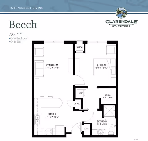 Floor plan of a one-bedroom, one-bath apartment named Beech at Clarendale of St. Peters, showing a living room, kitchen, bedroom, bathroom, closets, and a washer/dryer area.