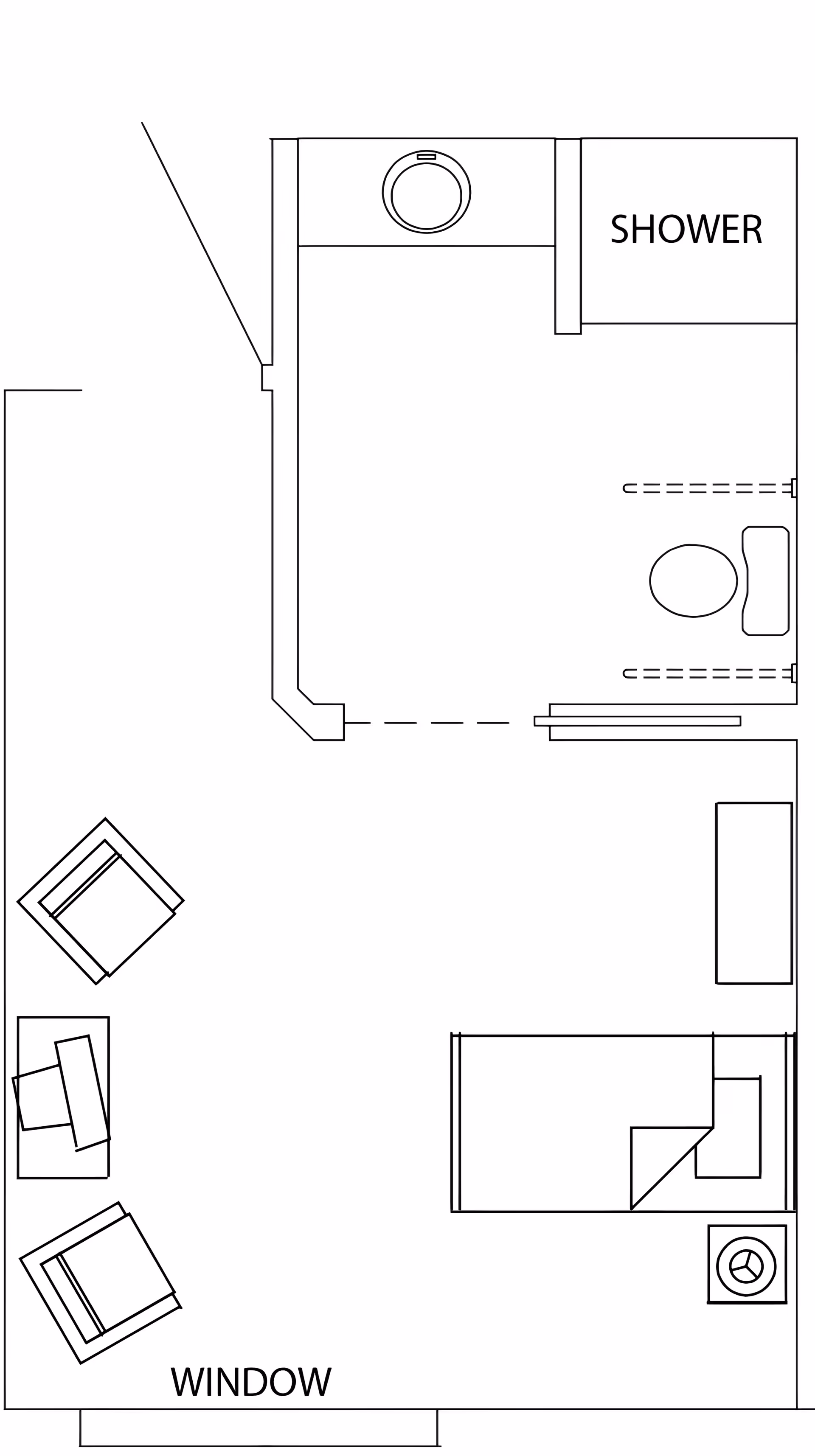 Architectural floor plan of a small living space with a bedroom area including a bed and a side table, a seating area with two chairs and a small table near a window, and a bathroom with a shower and toilet.
