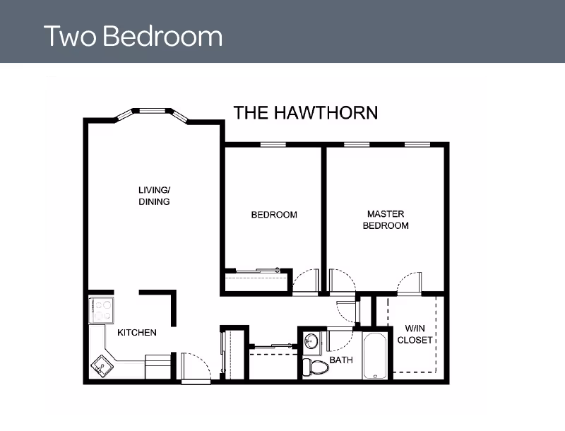 Floor plan layout of a two-bedroom apartment named The Hawthorn, showing a living/dining area, kitchen, one bedroom, master bedroom with walk-in closet, and a bathroom.