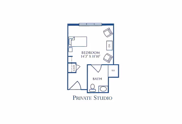 Floor plan of a private studio apartment showing a bedroom area with a bed, two chairs, a dresser, a closet, and an attached bathroom with a toilet and bathtub.