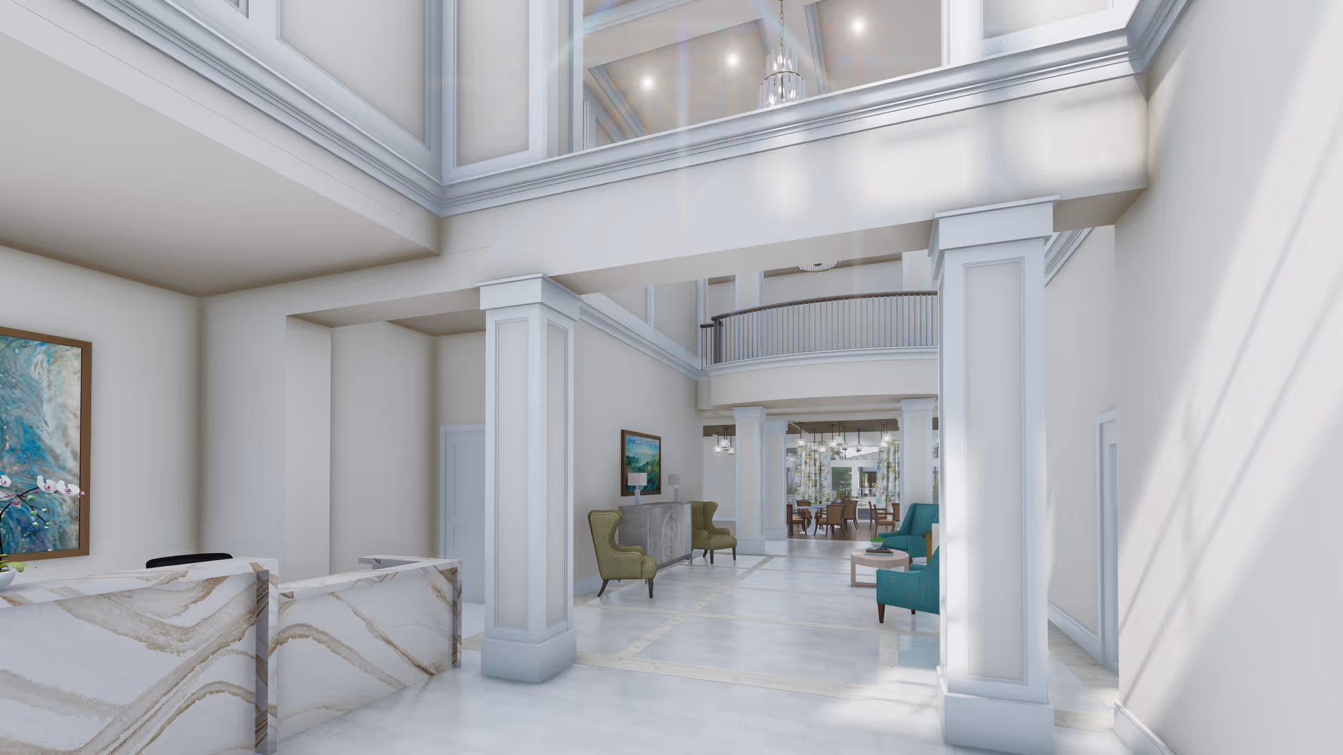 Bright two-story reception lobby with a marble front desk, columns, seating areas, and an overhead balcony.