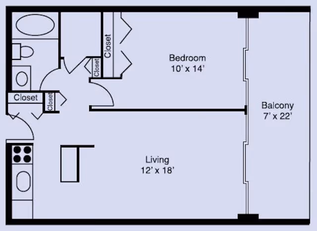 Floor plan of an assisted living apartment showing a bedroom measuring 10 by 14 feet, a living room measuring 12 by 18 feet, a balcony measuring 7 by 22 feet, a kitchen area with stove and sink, a bathroom with bathtub and toilet, and multiple closets.