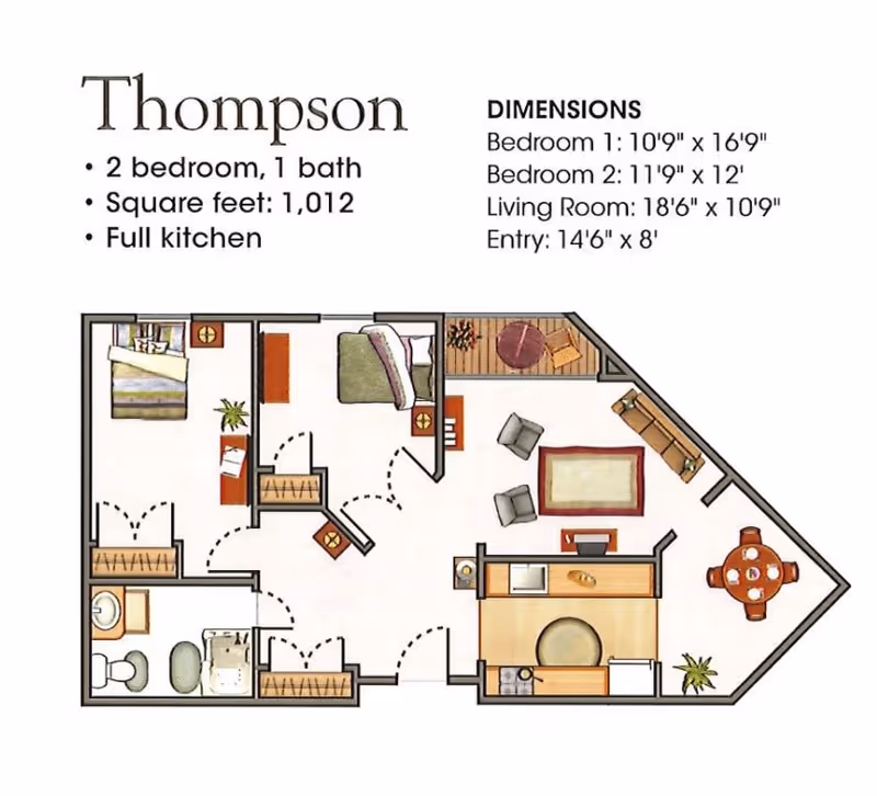 Floor plan of the Thompson apartment at Woodland Village showing 2 bedrooms, 1 bathroom, a full kitchen, living room, and entry area with dimensions provided for each room.