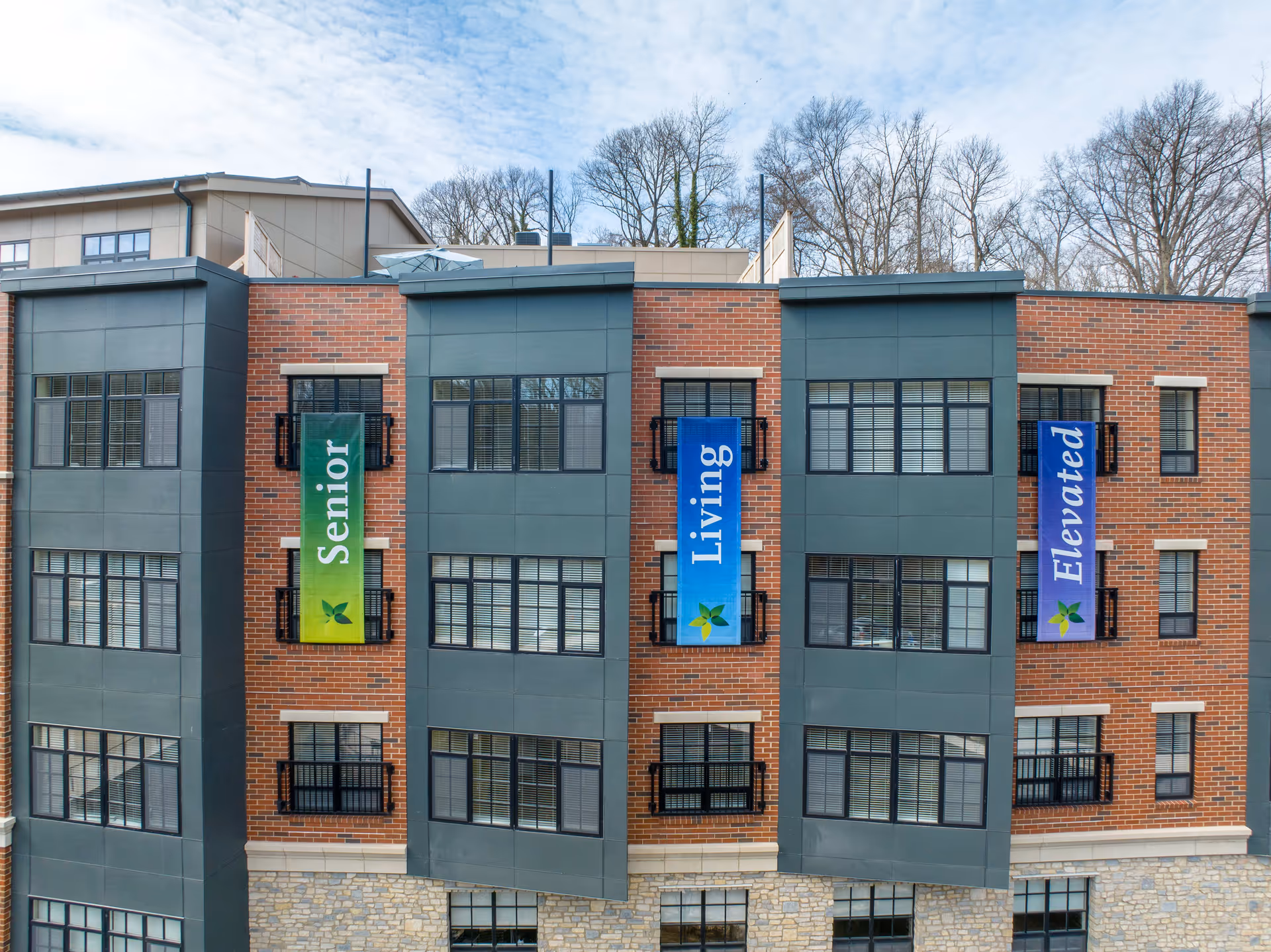 Exterior view of a multi-story senior living facility building with brick and gray paneling. Three vertical banners hang from the windows, reading 'Senior', 'Living', and 'Elevated' from left to right. Leaf logos are visible on each banner. Leafless trees and a partly cloudy sky are in the background.
