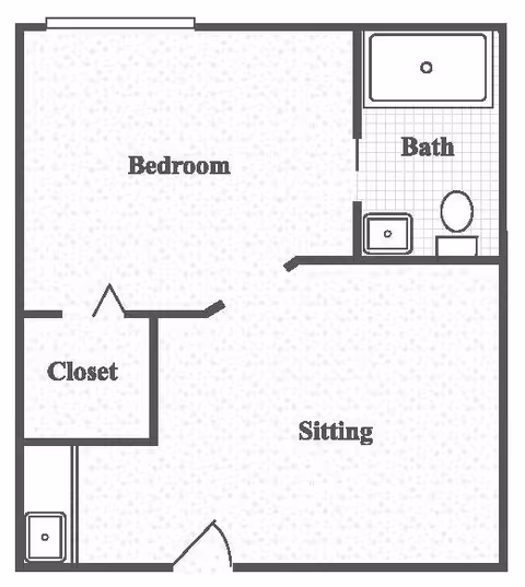 Floor plan layout showing a bedroom, closet, sitting area, and a bathroom with a bathtub, toilet, and sink.