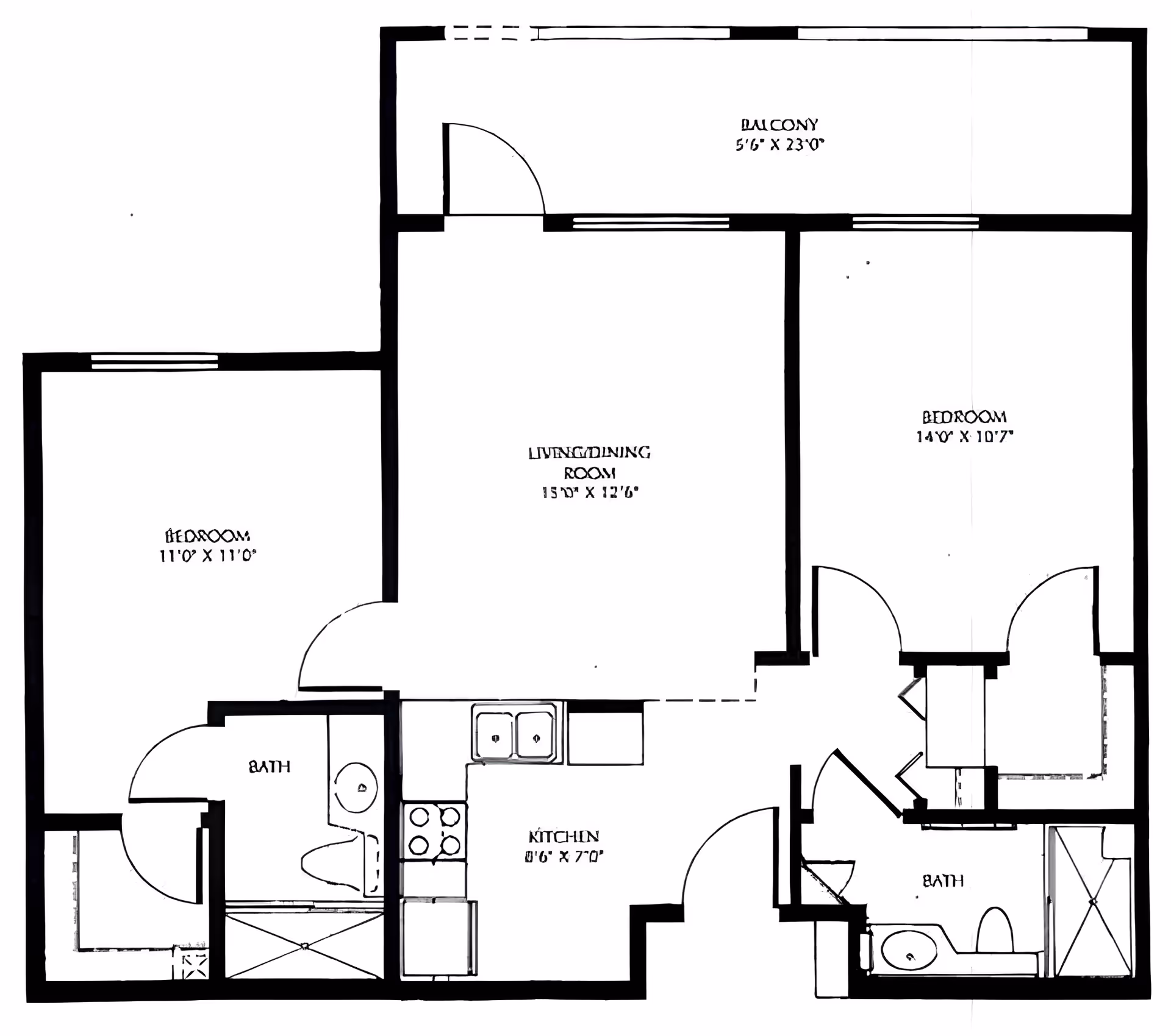 Architectural floor plan of a residential unit showing two bedrooms, two bathrooms, a kitchen, a living/dining room, and a balcony. The dimensions of each room are labeled.