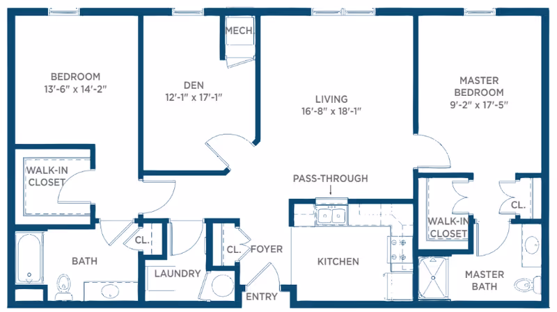 Architectural floor plan of a residential unit at Somerby Mobile showing a bedroom with walk-in closet, a den, living room, master bedroom with walk-in closet and master bath, a kitchen with pass-through, laundry area, foyer, entry, and a bathroom.