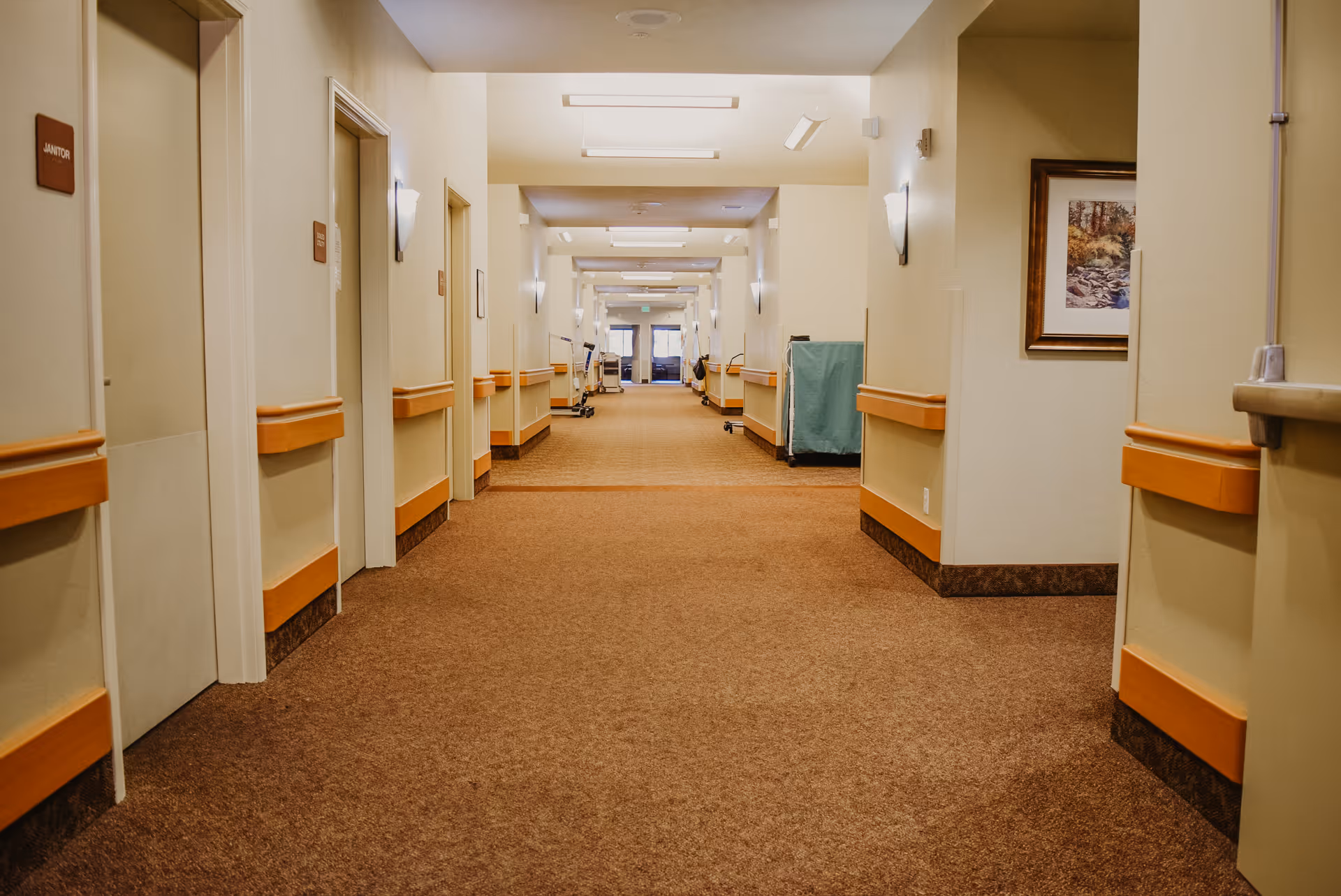 A long, carpeted hallway in a care facility with beige walls, handrails on both sides, several closed doors including one labeled 'Janitor', wall-mounted lights, a framed picture on the right wall, and cleaning carts positioned along the corridor.