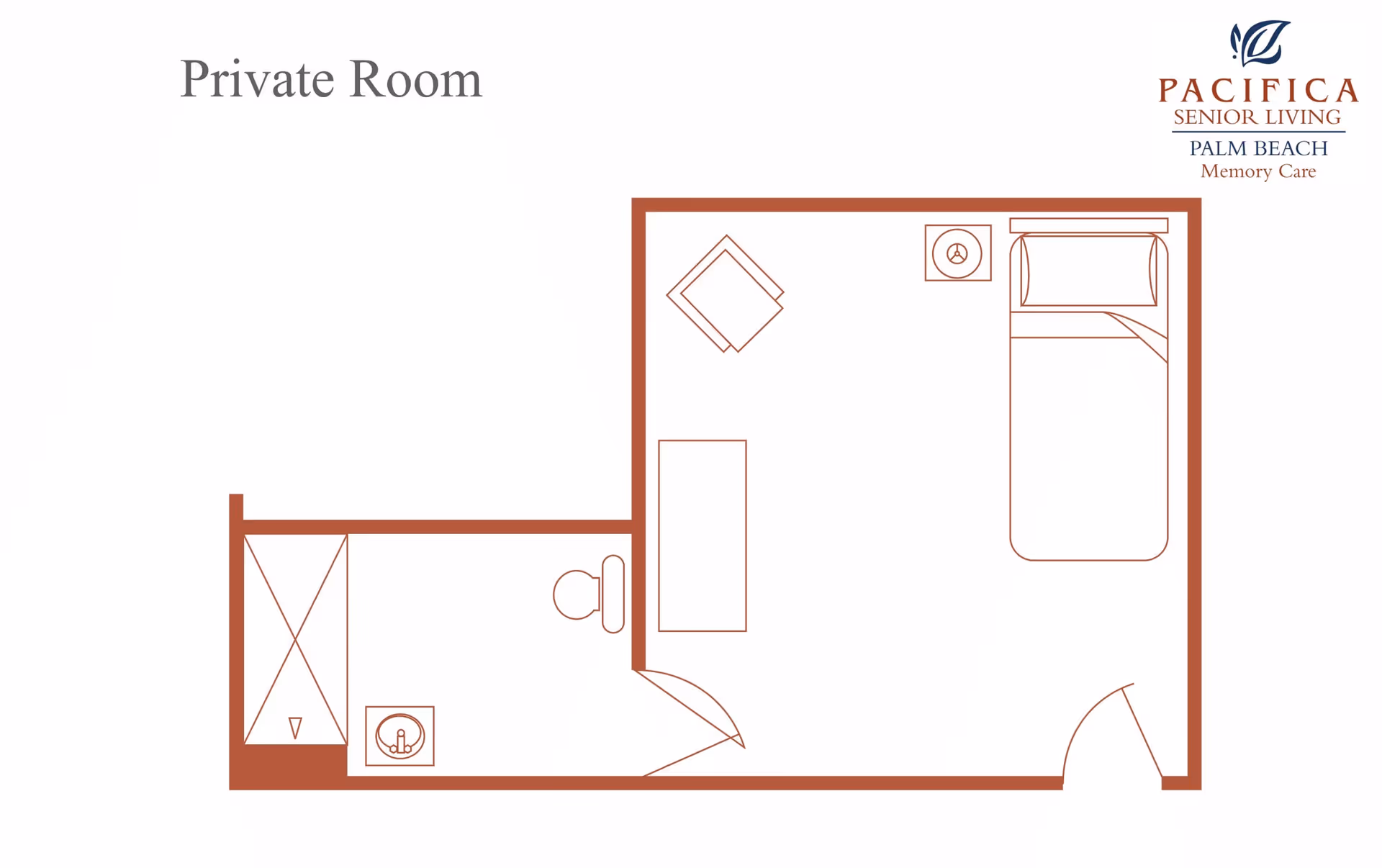 Floor plan of a private room at Pacifica Senior Living Palm Beach Memory Care, showing a single bed, a chair, a table, and an attached bathroom with a shower, toilet, and sink.