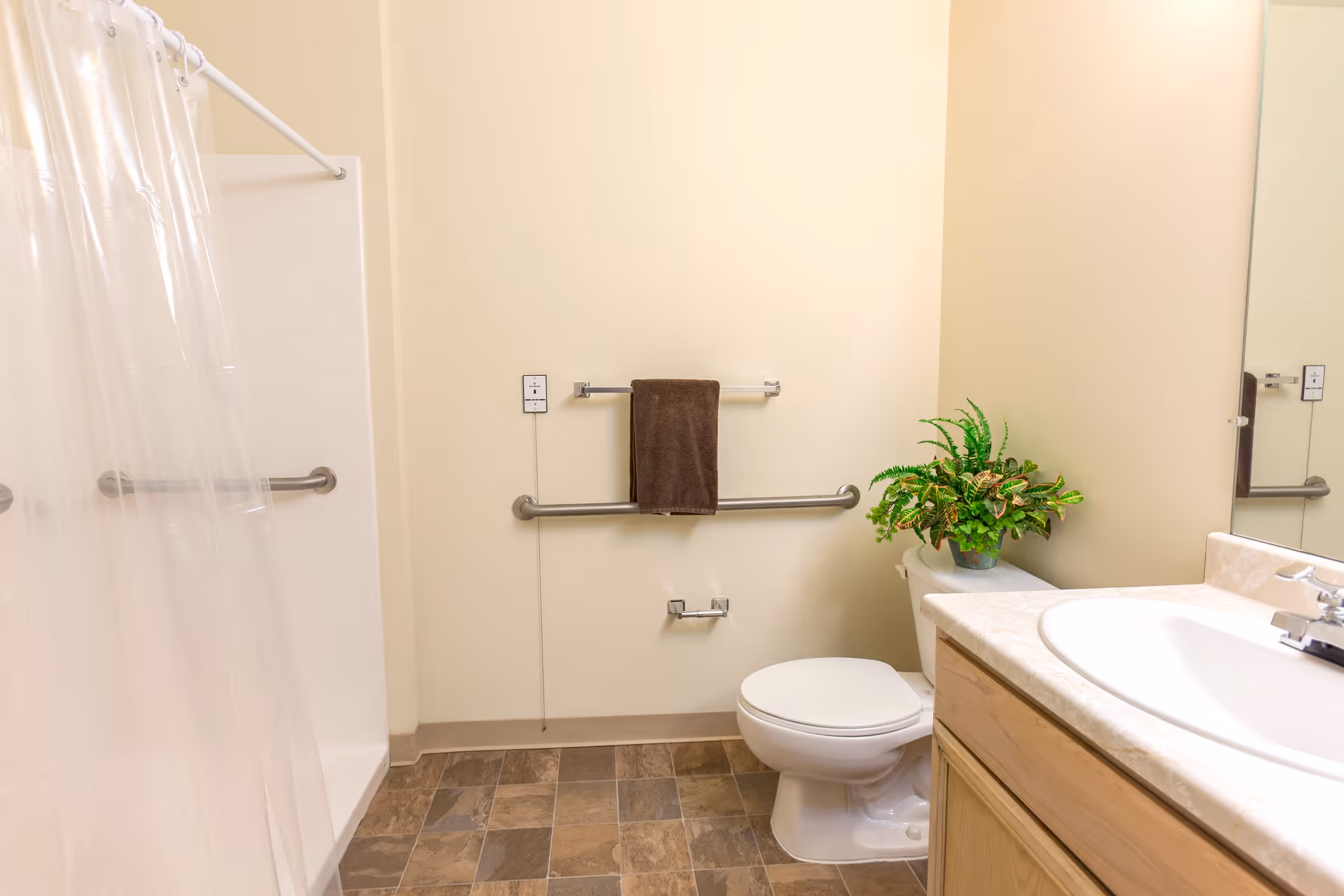 A clean bathroom with a white toilet, a sink with a countertop, a large mirror, a shower with a clear plastic curtain, and a brown towel hanging on a grab bar. There is a green potted plant on the toilet tank. The floor has brown and beige tiles, and the walls are light beige.