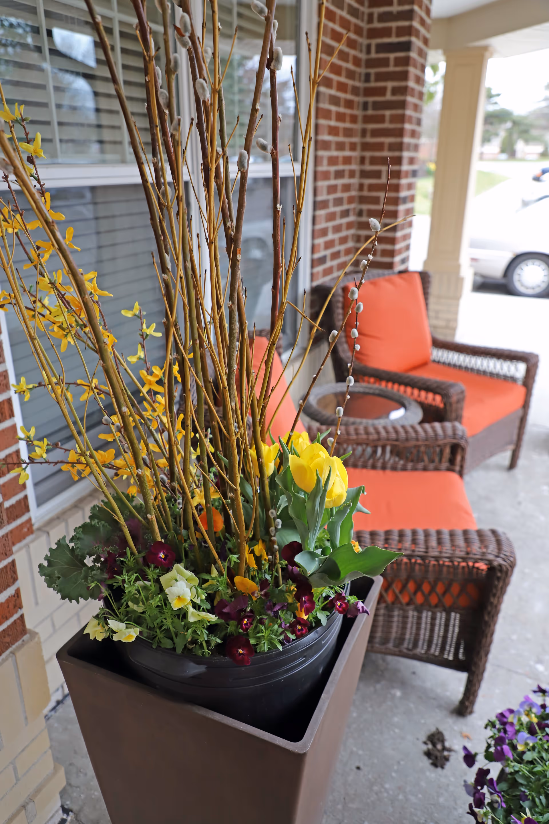 Outdoor patio area with a large planter containing yellow tulips, purple and white flowers, and tall branches. Behind the planter are two wicker chairs with orange cushions and a small round glass-top table. The setting is next to a brick wall and window, with a car partially visible in the background.
