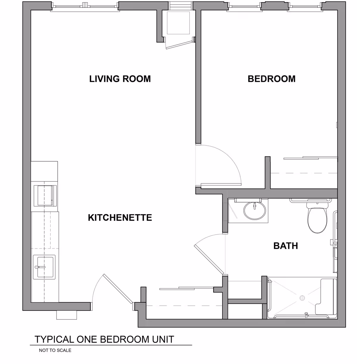 Floor plan of a typical one bedroom unit at Green Oaks of Goshen, showing a living room, kitchenette, bedroom, and bathroom with labeled areas and fixtures.