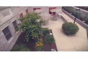 Outdoor courtyard area at Transitions Healthcare Shook Home featuring a concrete walkway, green bushes, a tree, and patio tables with umbrellas near the building.