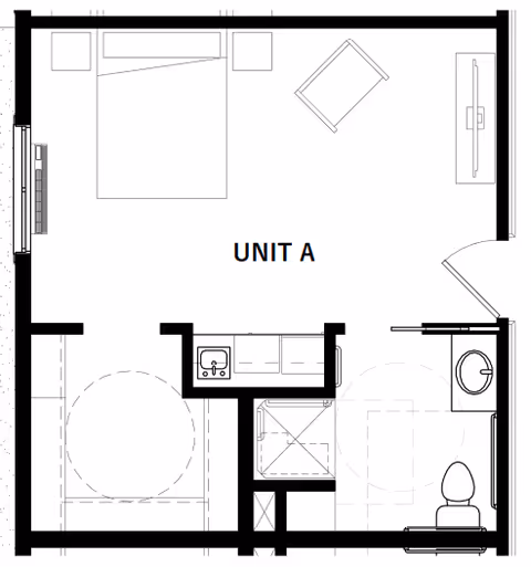 Black-and-white floor plan labeled 'UNIT A' showing a studio layout with a bed, seating area, kitchenette and a bathroom with shower and toilet.