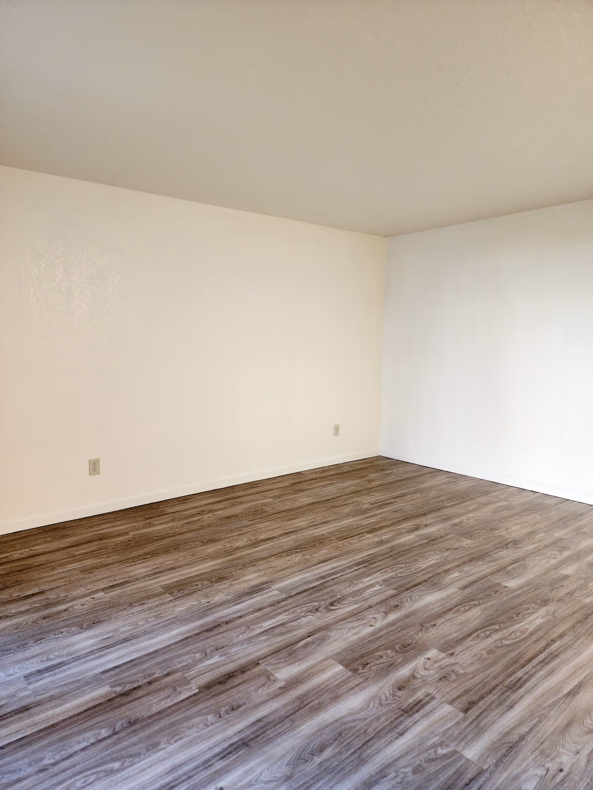 Empty room with light beige walls and wood-patterned vinyl flooring, featuring two electrical outlets on the walls.