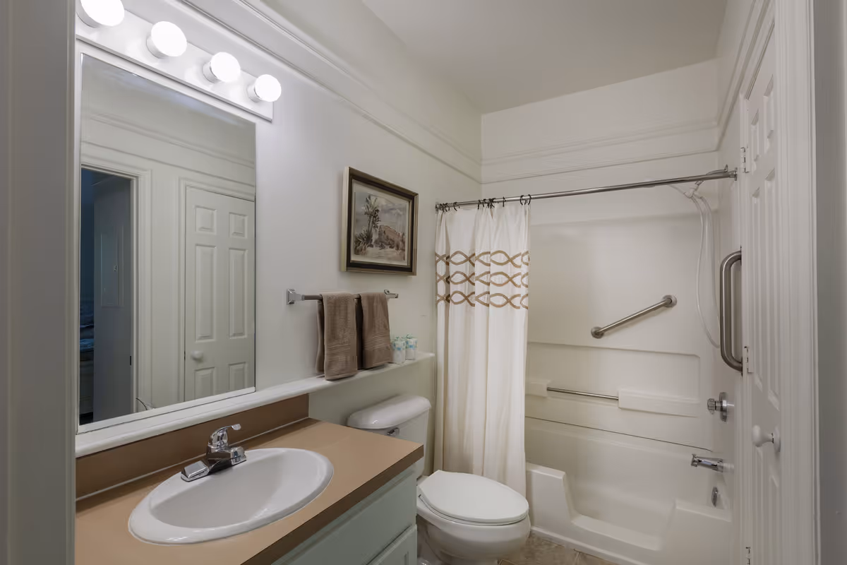 Bathroom with a sink and mirror, toilet, and a shower-tub with grab bars and a patterned shower curtain.
