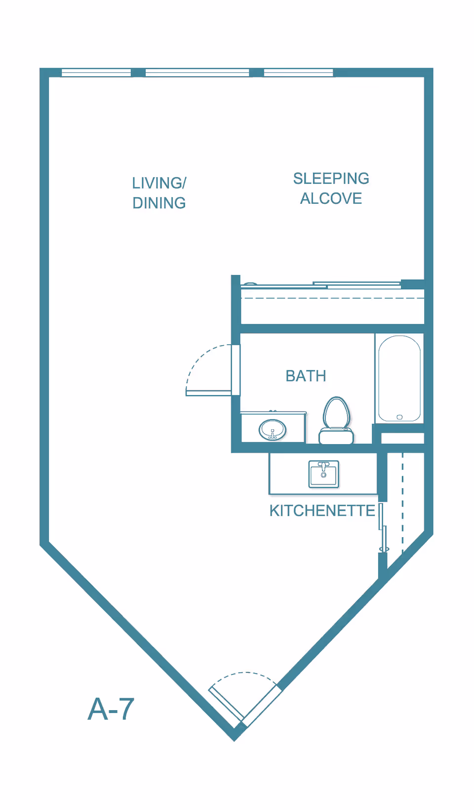 Floor plan diagram of a studio-style apartment labeled A-7 showing a living/dining area, sleeping alcove, bath and kitchenette.